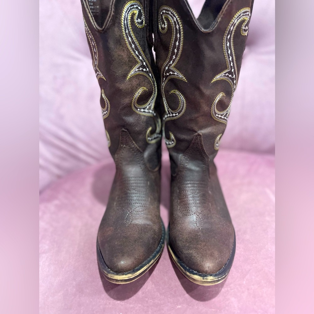 American Rag Brown Heeled Boots with Gold and Silver Accents